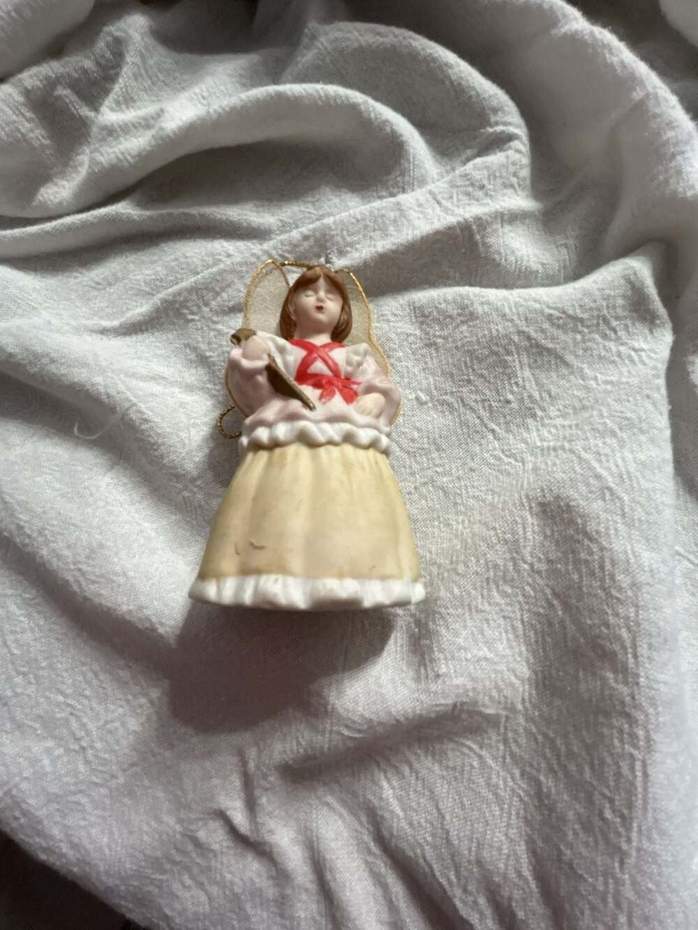 Vintage Porcelain Girl Figurine Christmas Ornament with Fabric Wings
